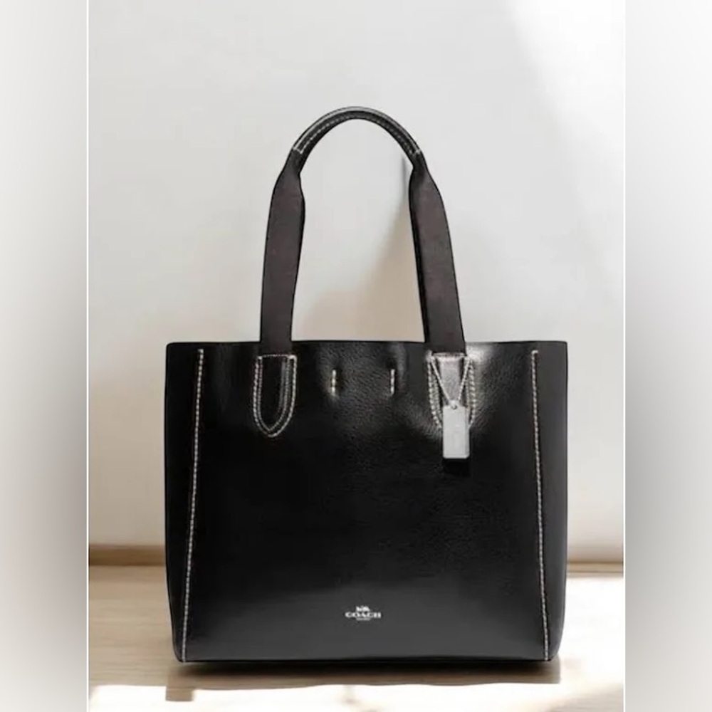 Coach Black Pebble Leather Derby Tote with Suede Burgundy Red Interior